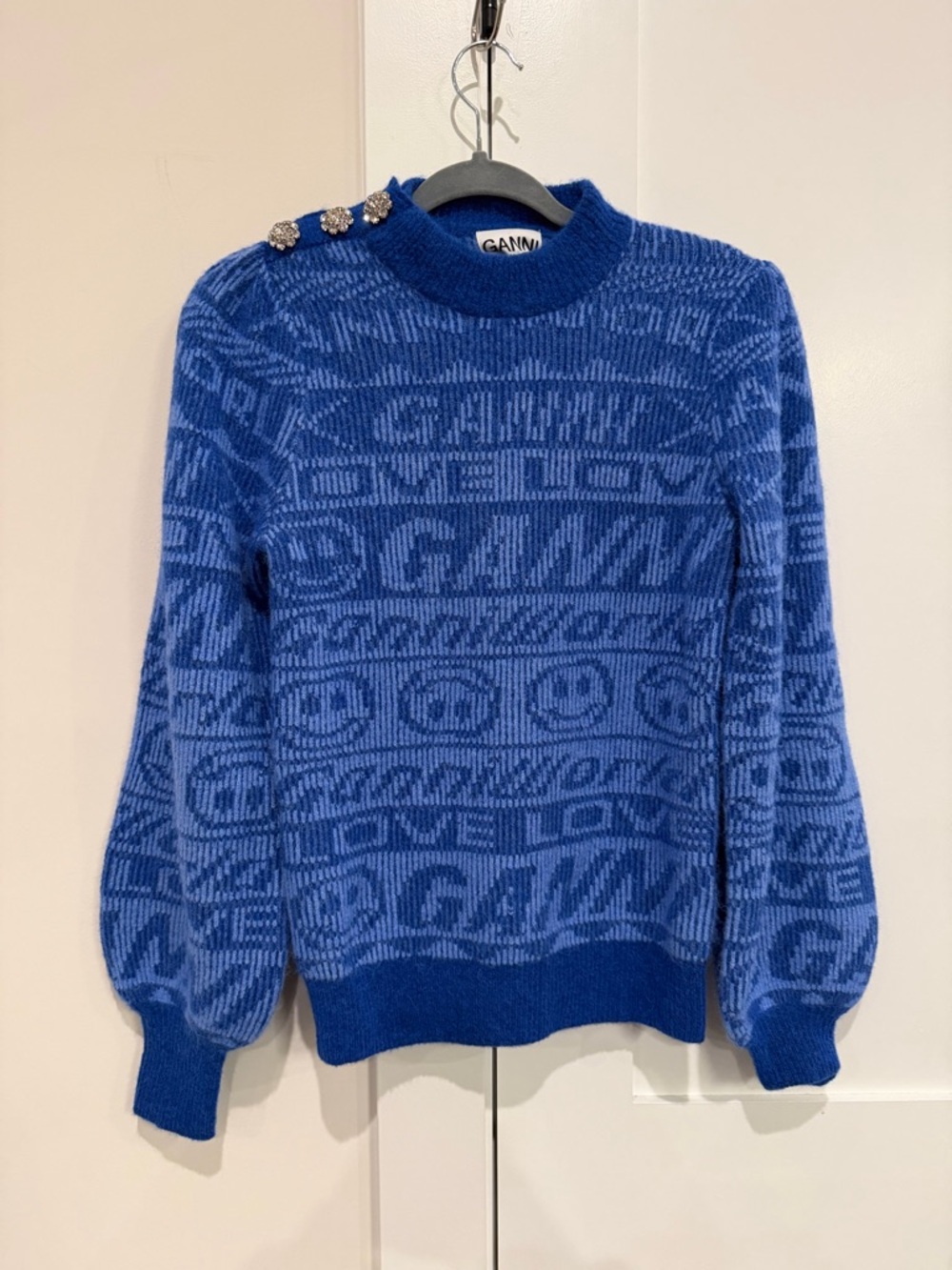 GANNI Alpaca and Merino Wool Jaquard Logo Button Sweater in Blue NWT's Sz Small - Picture 3 of 17